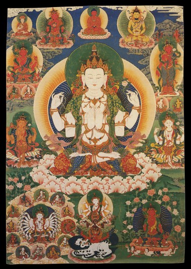 The bodhisattva of compassion, Avalokita, depicted in several forms along with Buddhist deities. Source: Himalayan Art Resources